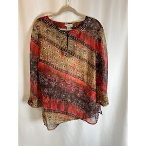 Women's Notations Pullover Top Size 2X Brown Orange Tan Floral Autumn Fall